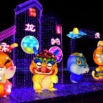 Colorful Chinese zodiac lanterns illuminated at night, showcasing traditional designs and vibrant lights.